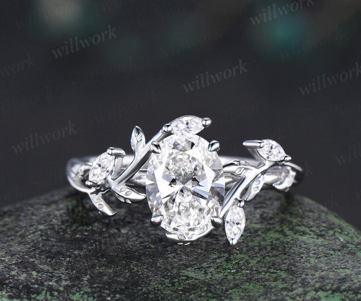 Vintage oval IGI lab grown diamond engagement ring set white gold leaf floral cluster moissanite ring unique promise wedding ring women jewelry