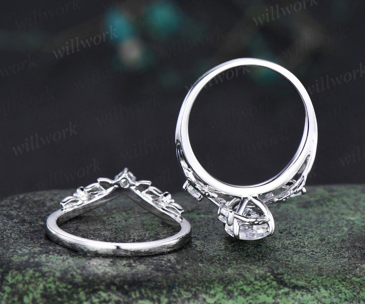 Vintage oval IGI lab grown diamond engagement ring set white gold leaf floral cluster moissanite ring unique promise wedding ring women jewelry