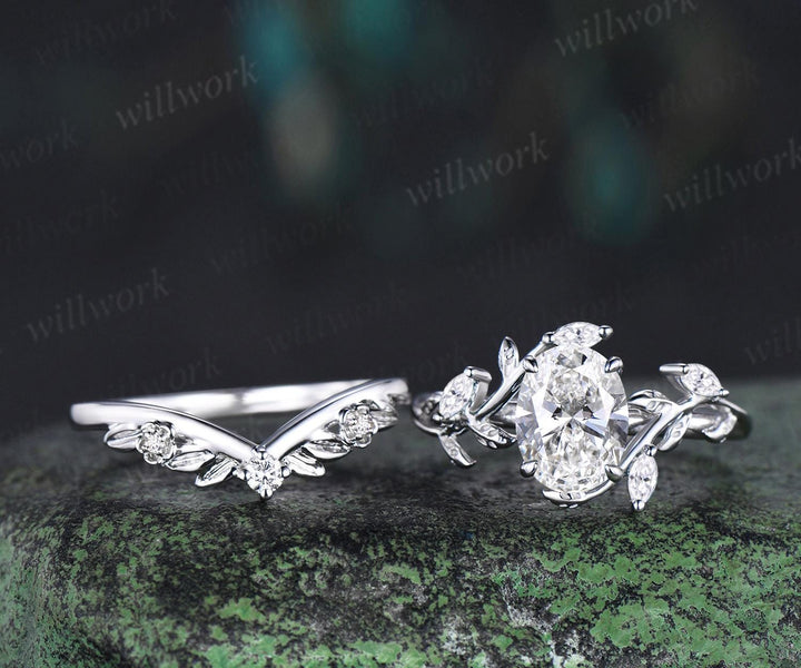 Vintage oval IGI lab grown diamond engagement ring set white gold leaf floral cluster moissanite ring unique promise wedding ring women jewelry