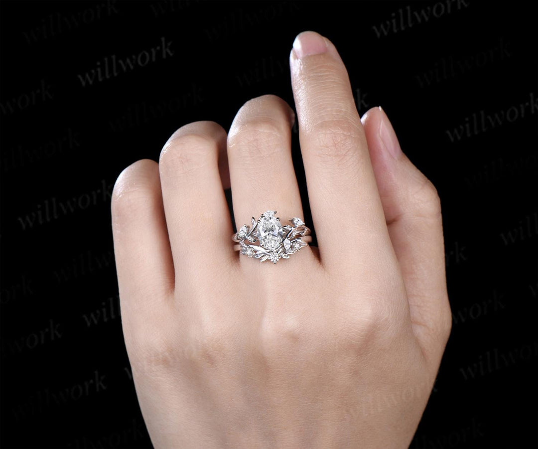 Vintage oval IGI lab grown diamond engagement ring set white gold leaf floral cluster moissanite ring unique promise wedding ring women jewelry