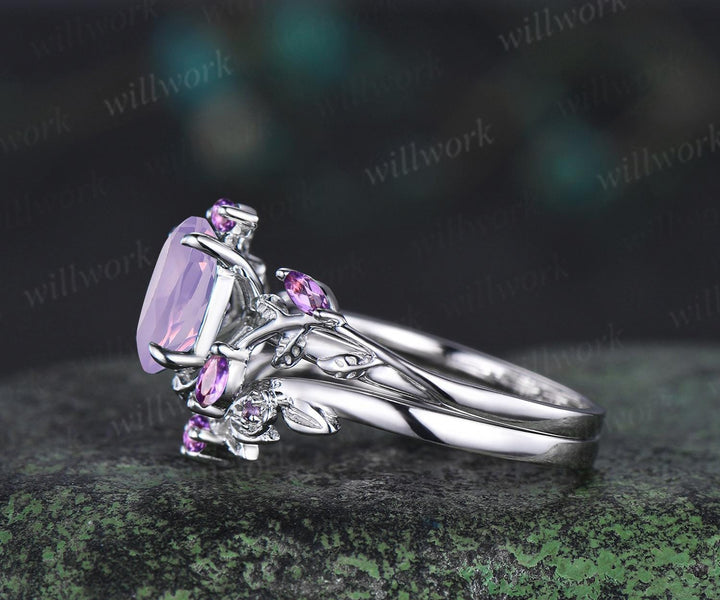 Vintage oval cut Lavender Amethyst engagement ring set white gold cluster leaf floral nature inspired crystal bridal wedding ring set women