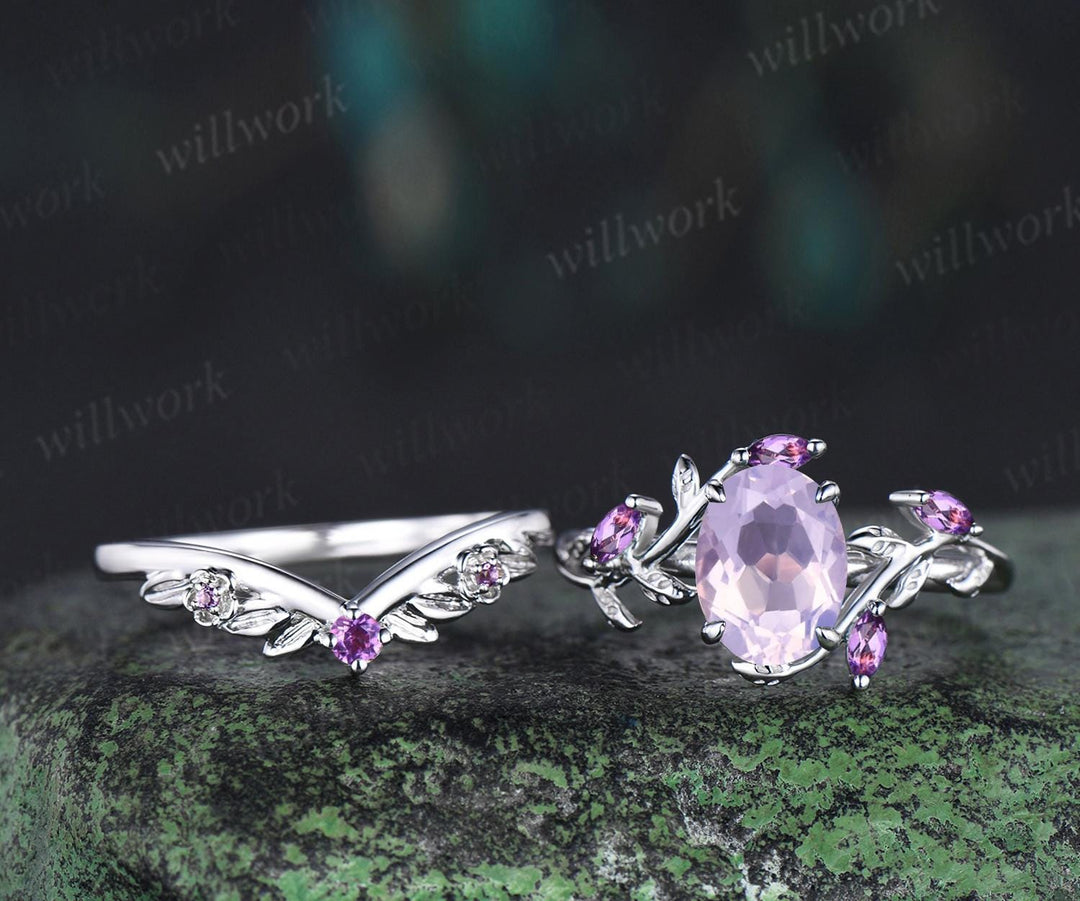Vintage oval cut Lavender Amethyst engagement ring set white gold cluster leaf floral nature inspired crystal bridal wedding ring set women