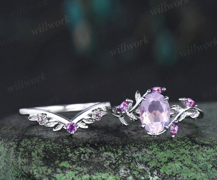 Vintage oval cut Lavender Amethyst engagement ring set white gold cluster leaf floral nature inspired crystal bridal wedding ring set women