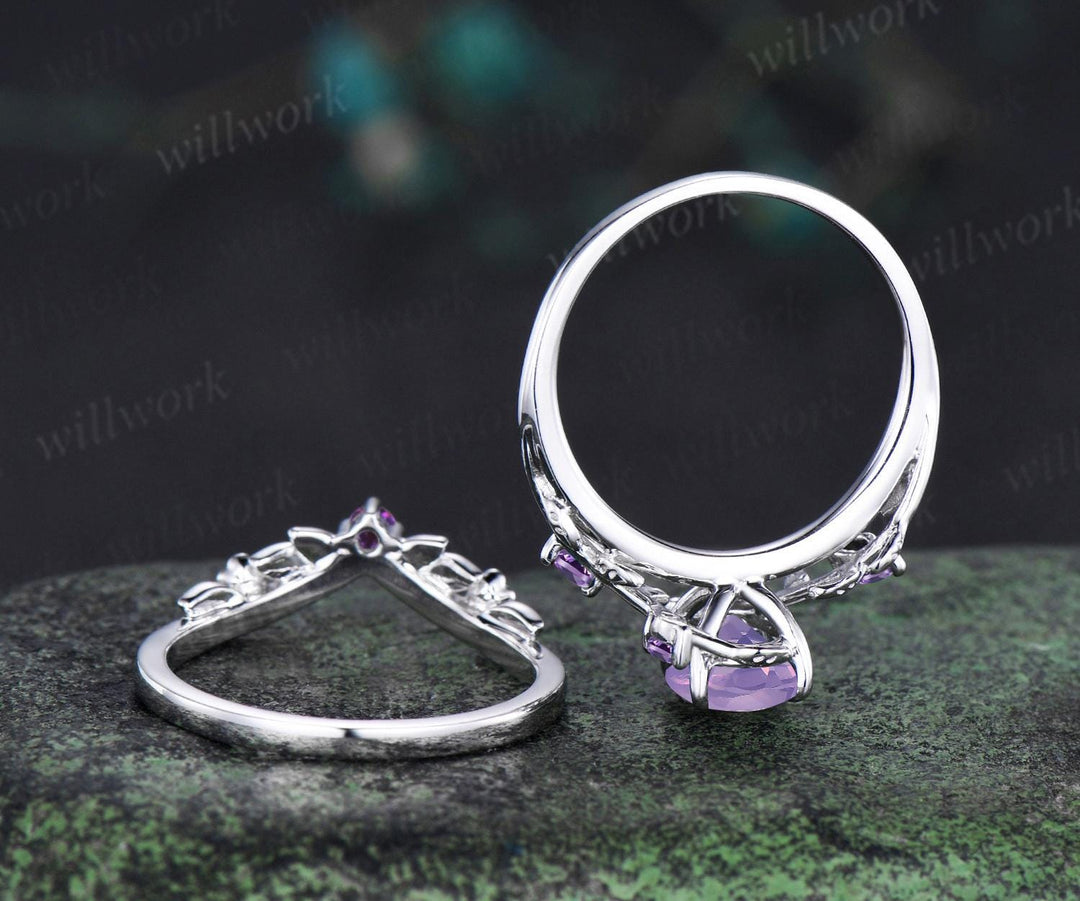 Vintage oval cut Lavender Amethyst engagement ring set white gold cluster leaf floral nature inspired crystal bridal wedding ring set women