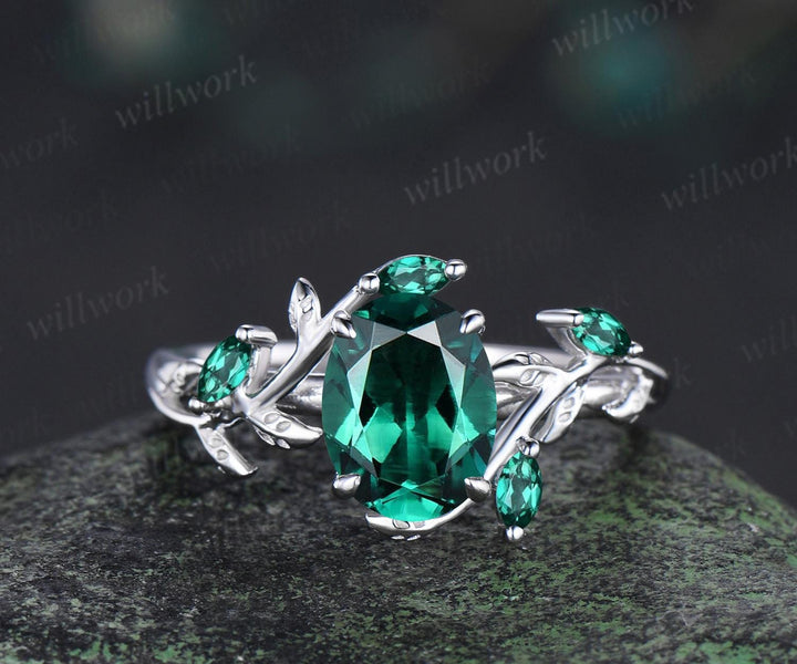 Vintage oval cut green emerald engagement ring set 14k white gold cluster leaf floral nature inspired retro bridal wedding ring set women