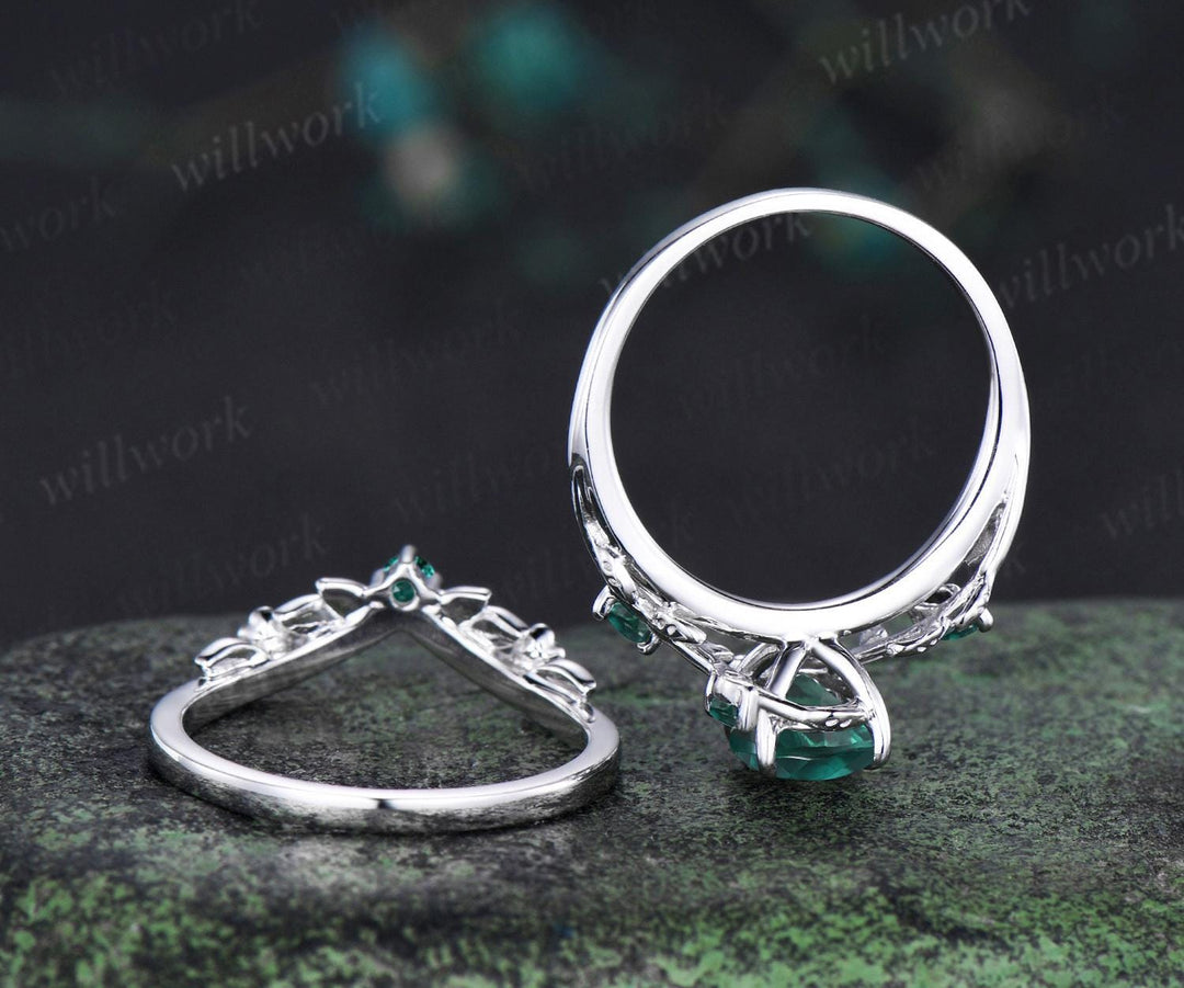 Vintage oval cut green emerald engagement ring set 14k white gold cluster leaf floral nature inspired retro bridal wedding ring set women