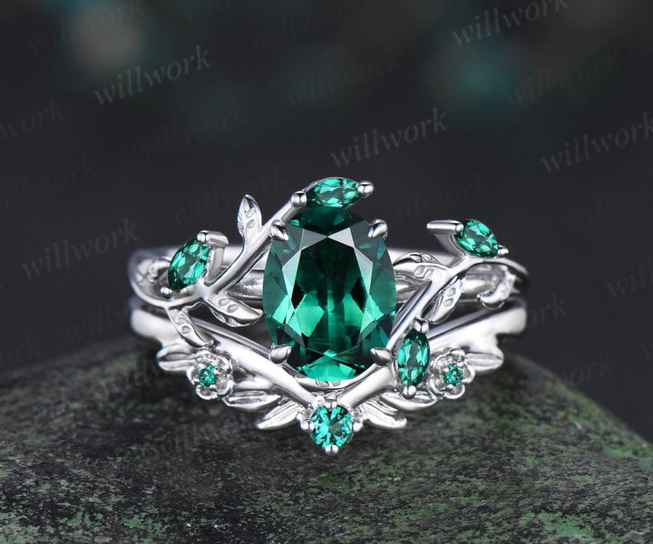 Vintage oval cut green emerald engagement ring set 14k white gold cluster leaf floral nature inspired retro bridal wedding ring set women