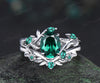 Vintage oval cut green emerald engagement ring set 14k white gold cluster leaf floral nature inspired retro bridal wedding ring set women