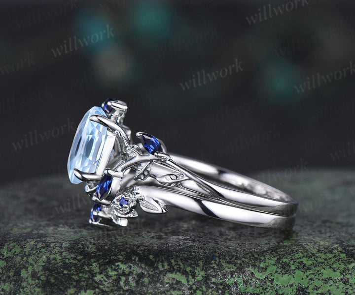 Oval aquamarine ring vintage white gold leaf floral nature inspired engagement ring set cluster sapphire wedding promise ring women jewelry