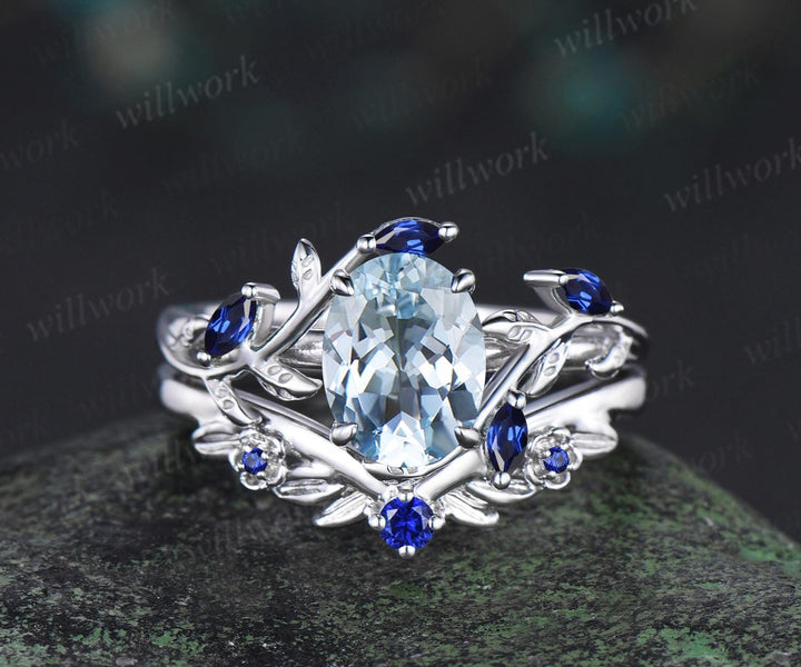 Oval aquamarine ring vintage white gold leaf floral nature inspired engagement ring set cluster sapphire wedding promise ring women jewelry