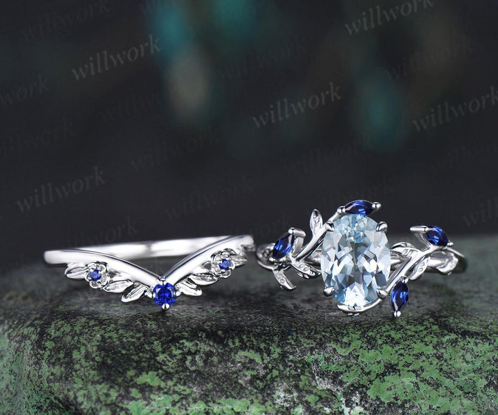 Oval aquamarine ring vintage white gold leaf floral nature inspired engagement ring set cluster sapphire wedding promise ring women jewelry