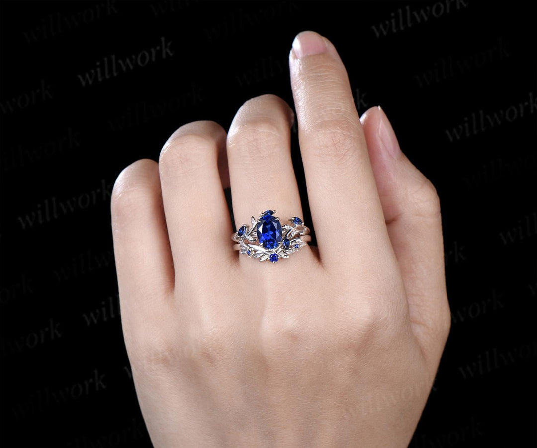 Oval cut blue sapphire ring vintage white gold leaf floral nature inspired engagement ring set blue gemstone bridal ring set women jewelry
