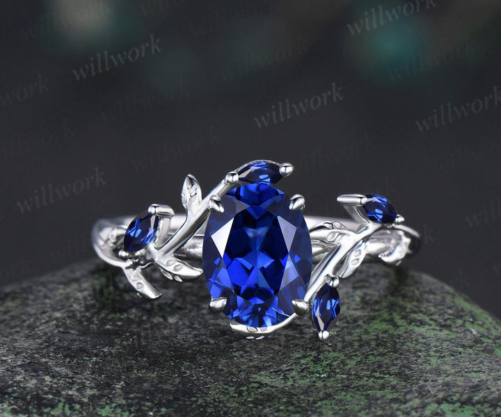 Oval cut blue sapphire ring vintage white gold leaf floral nature inspired engagement ring set blue gemstone bridal ring set women jewelry