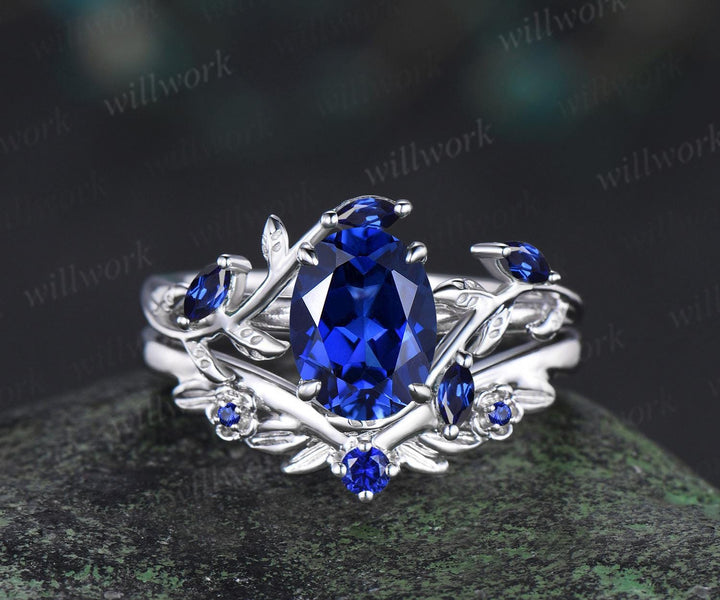 Oval cut blue sapphire ring vintage white gold leaf floral nature inspired engagement ring set blue gemstone bridal ring set women jewelry