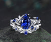 Oval cut blue sapphire ring vintage white gold leaf floral nature inspired engagement ring set blue gemstone bridal ring set women jewelry