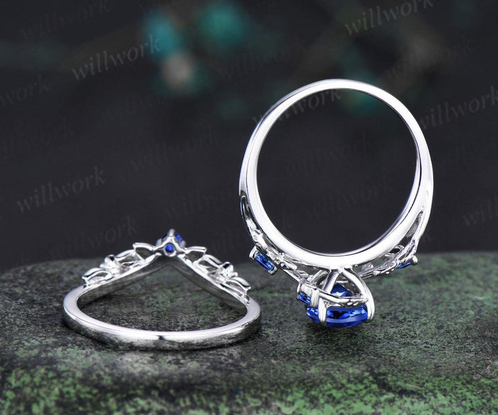 Oval cut blue sapphire ring vintage white gold leaf floral nature inspired engagement ring set blue gemstone bridal ring set women jewelry