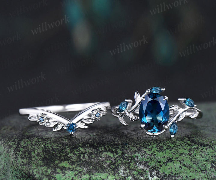 Oval cut London blue topaz engagement ring set solid 14k 18k white gold nature inspired blue gemstone silver ring anniversary gift for women