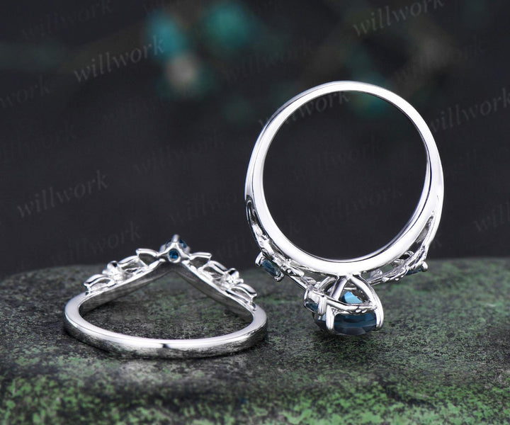 Oval cut London blue topaz engagement ring set solid 14k 18k white gold nature inspired blue gemstone silver ring anniversary gift for women