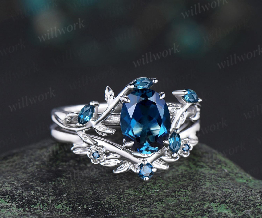Oval cut London blue topaz engagement ring set solid 14k 18k white gold nature inspired blue gemstone silver ring anniversary gift for women