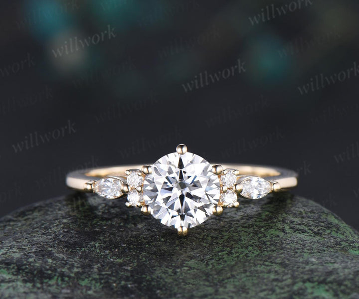 1ct round cut moissanite lab grown diamond engagement ring set women solid 14k yellow gold 6 prong promise ring open gap wedding band