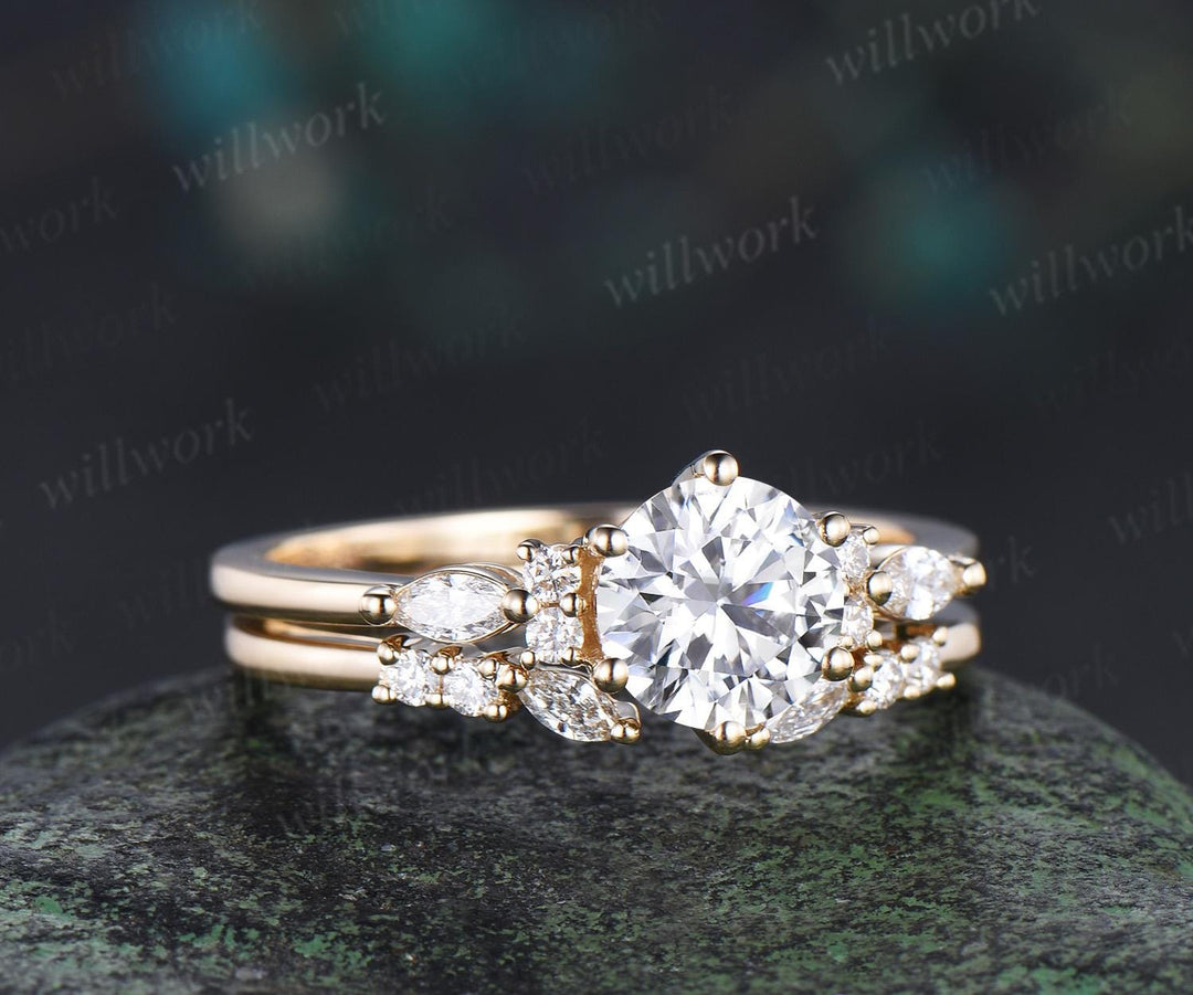 1ct round cut moissanite lab grown diamond engagement ring set women solid 14k yellow gold 6 prong promise ring open gap wedding band