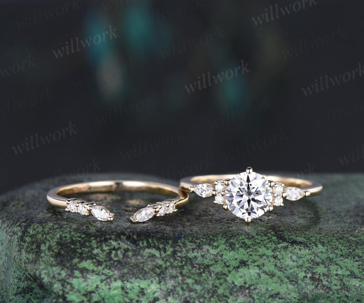 1ct round cut moissanite lab grown diamond engagement ring set women solid 14k yellow gold 6 prong promise ring open gap wedding band