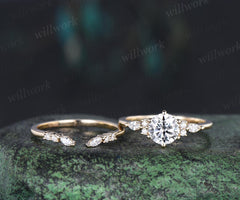 1ct round cut moissanite IGI lab grown diamond engagement ring set women solid 14k yellow gold 6 prong promise ring open gap wedding band