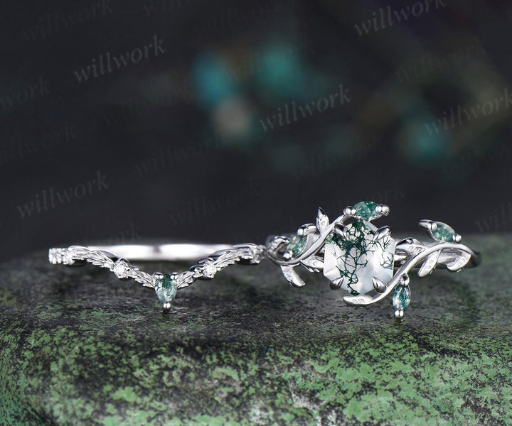Vintage hexagon cut green moss agate engagement ring set white gold cluster leaf nature inspired bridal promise wedding ring set women