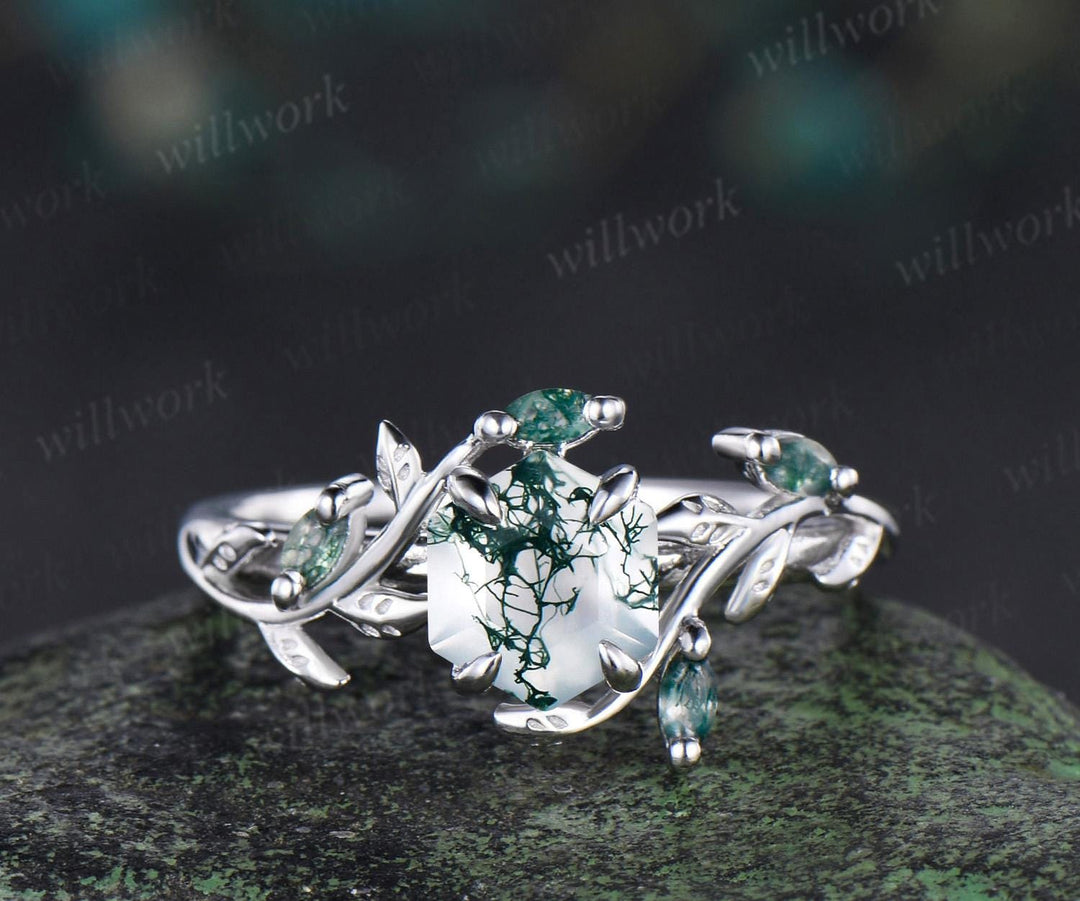 Vintage hexagon cut green moss agate engagement ring set white gold cluster leaf nature inspired bridal promise wedding ring set women