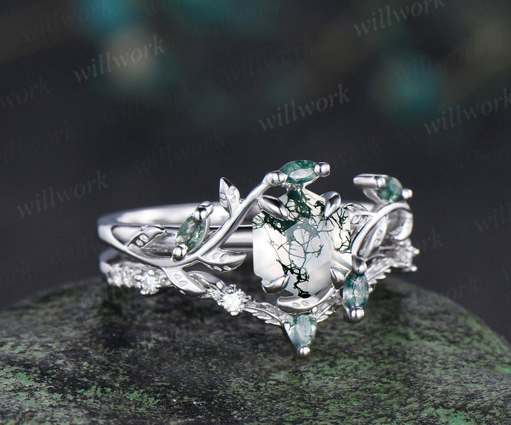 Vintage hexagon cut green moss agate engagement ring set white gold cluster leaf nature inspired bridal promise wedding ring set women