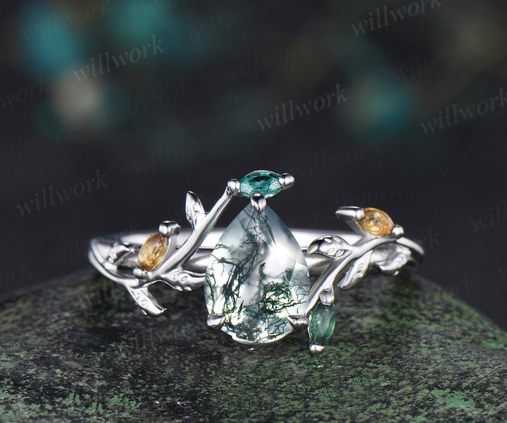 Pear shaped natural moss agate engagement ring emerald citrine cluster leaf nature inspired bridal anniversary ring set women gift silver