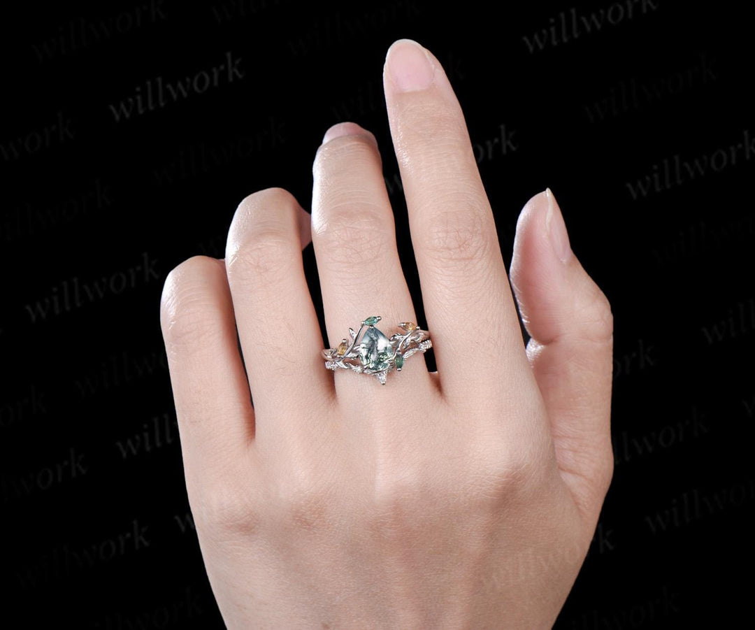 Pear shaped natural moss agate engagement ring emerald citrine cluster leaf nature inspired bridal anniversary ring set women gift silver