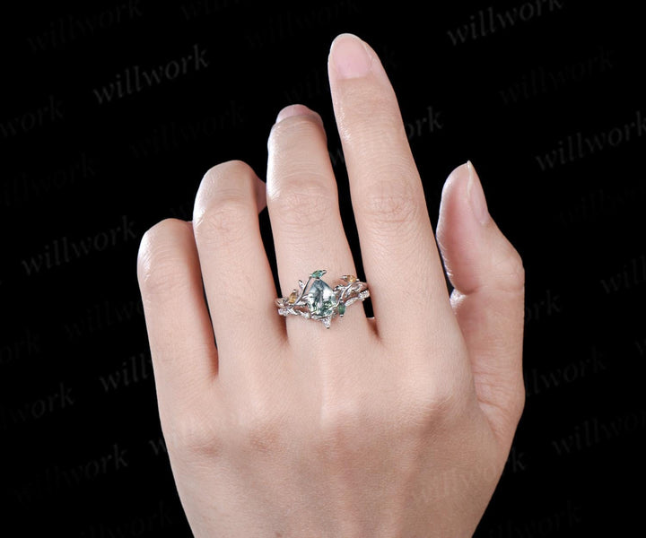 Pear shaped natural moss agate engagement ring emerald citrine cluster leaf nature inspired bridal anniversary ring set women gift silver