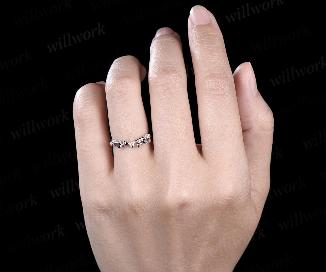 Leaf moissanite wedding band women solid 14k white gold five stone black spinel wedding ring band vintage stacking bridal ring gift