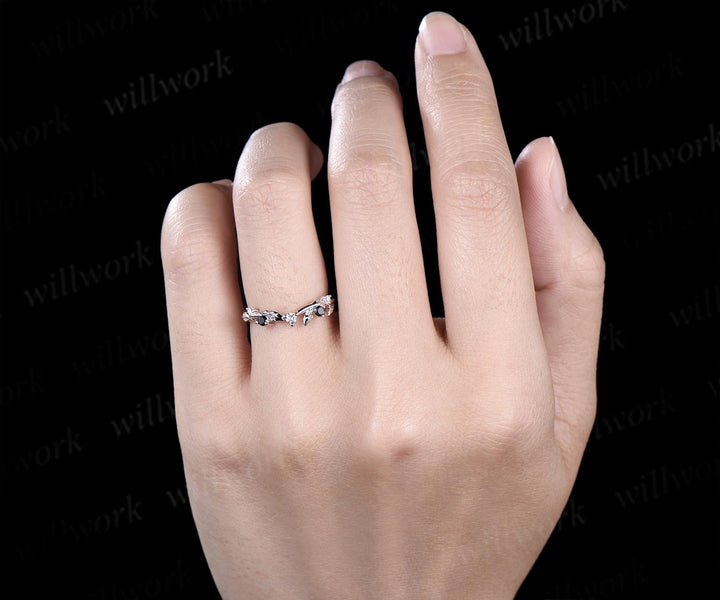 Leaf moissanite wedding band women solid 14k white gold five stone black spinel wedding ring band vintage stacking bridal ring gift
