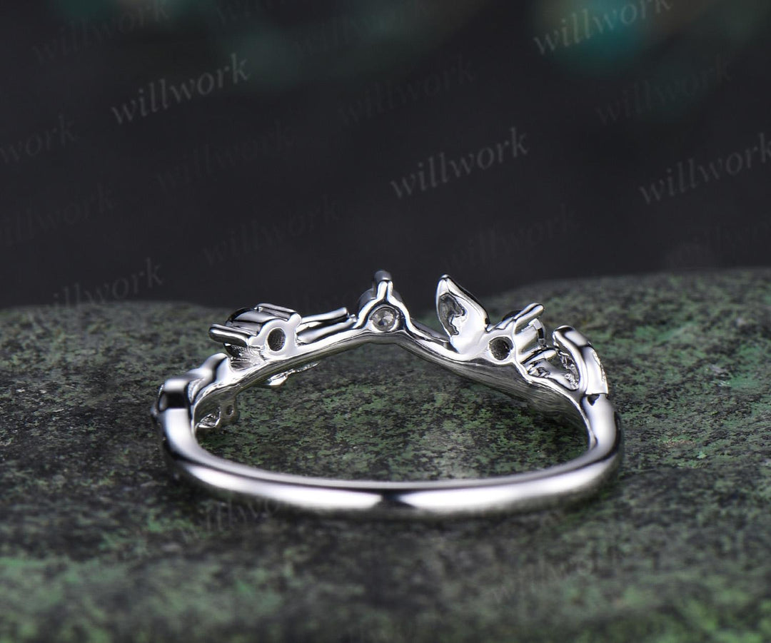 Leaf moissanite wedding band women solid 14k white gold five stone black spinel wedding ring band vintage stacking bridal ring gift