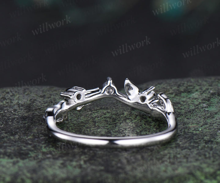 Leaf moissanite wedding band women solid 14k white gold five stone black spinel wedding ring band vintage stacking bridal ring gift