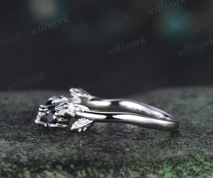 Leaf moissanite wedding band women solid 14k white gold five stone black spinel wedding ring band vintage stacking bridal ring gift
