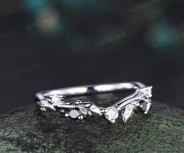 Leaf moissanite wedding band women solid 14k white gold five stone black spinel wedding ring band vintage stacking bridal ring gift
