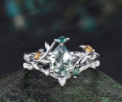 Pear shaped natural moss agate engagement ring emerald citrine cluster leaf nature inspired bridal anniversary ring set women gift silver