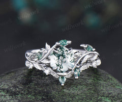 Vintage hexagon cut green moss agate engagement ring set white gold cluster leaf nature inspired bridal promise wedding ring set women