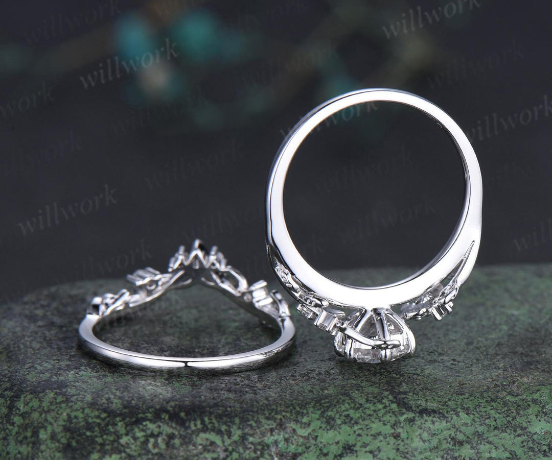 Vintage 1ct round cut moissanite IGI lab grown diamond ring nature inspired leaf engagement ring set women 14k white gold wedding ring women