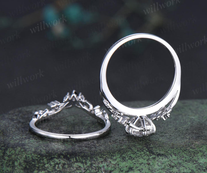 Vintage 1ct round cut moissanite IGI lab grown diamond ring nature inspired leaf engagement ring set women 14k white gold wedding ring women