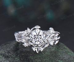 Vintage 1ct round cut moissanite IGI lab grown diamond ring nature inspired leaf engagement ring set women 14k white gold wedding ring women