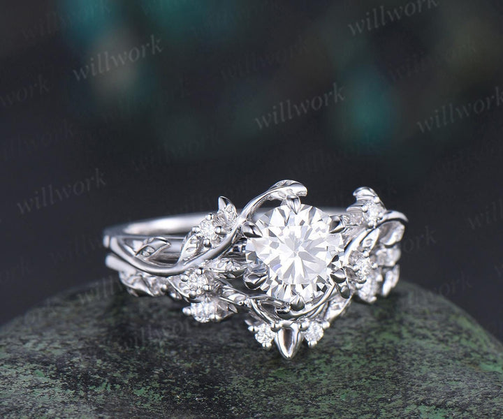 Vintage 1ct round cut moissanite IGI lab grown diamond ring nature inspired leaf engagement ring set women 14k white gold wedding ring women