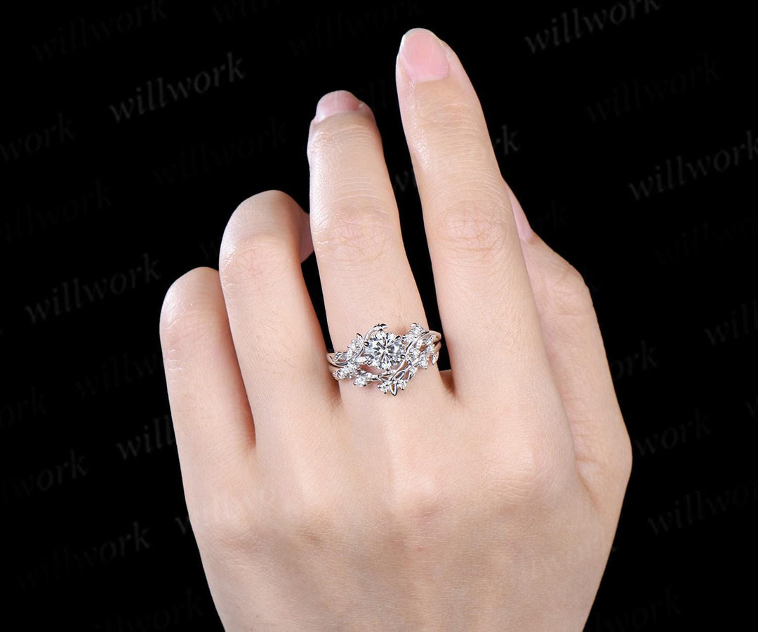 Vintage 1ct round cut moissanite IGI lab grown diamond ring nature inspired leaf engagement ring set women 14k white gold wedding ring women