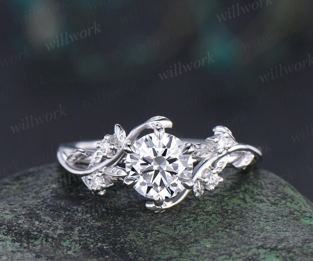 Vintage 1ct round cut moissanite IGI lab grown diamond ring nature inspired leaf engagement ring set women 14k white gold wedding ring women