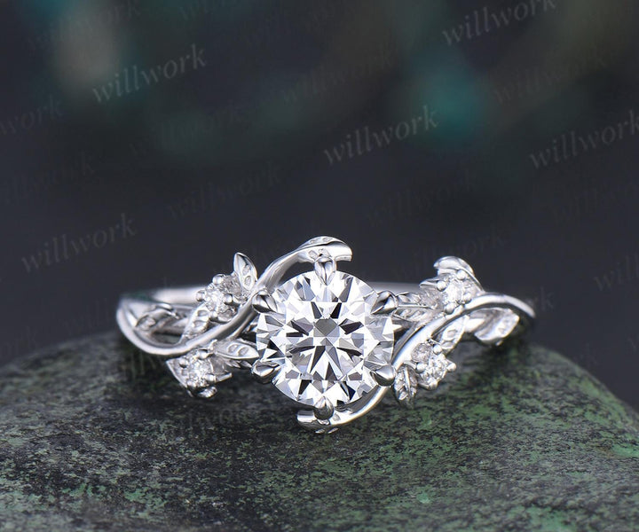 Vintage 1ct round cut moissanite IGI lab grown diamond ring nature inspired leaf engagement ring set women 14k white gold wedding ring women