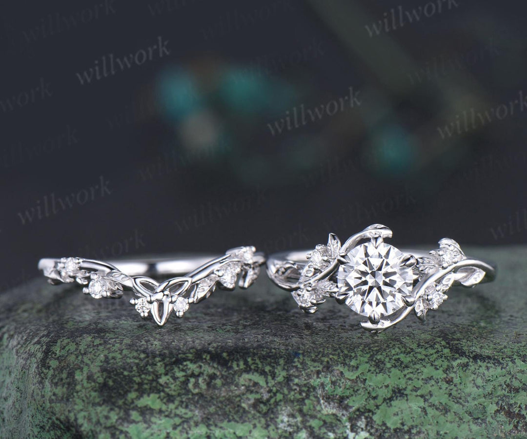 Vintage 1ct round cut moissanite IGI lab grown diamond ring nature inspired leaf engagement ring set women 14k white gold wedding ring women