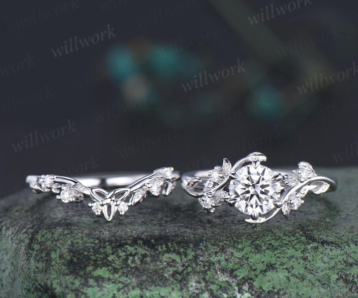 Vintage 1ct round cut moissanite IGI lab grown diamond ring nature inspired leaf engagement ring set women 14k white gold wedding ring women